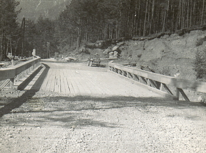 View of Gorge at Fern Pass leading down to Bailey bridge built by Co C